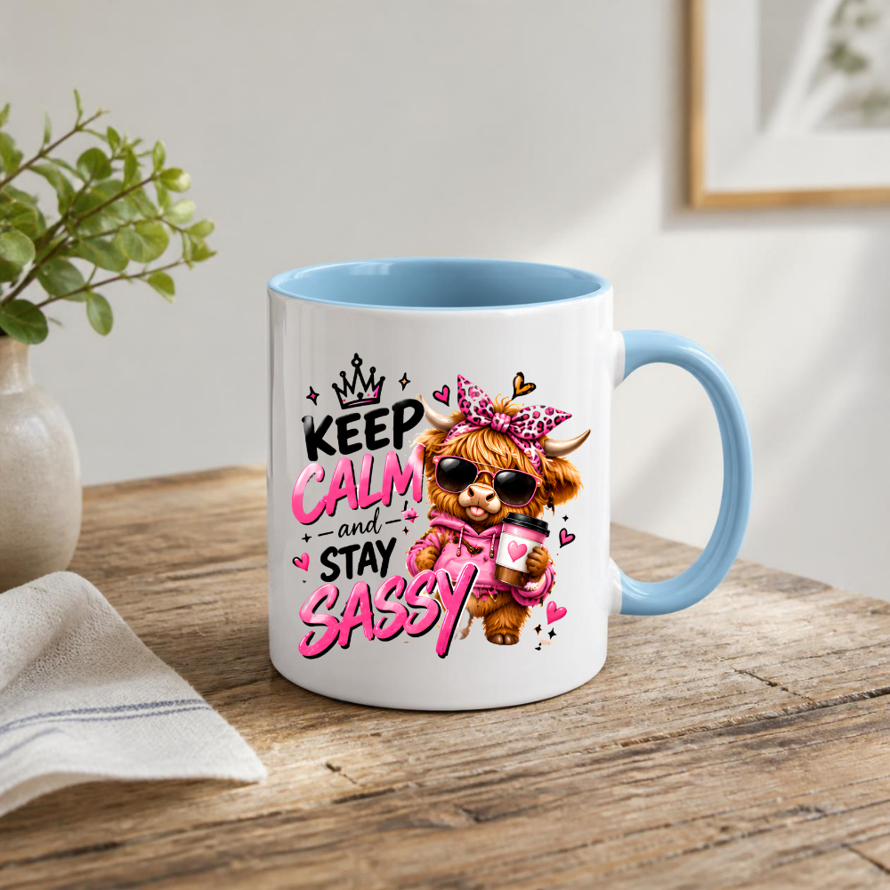 Highland Cow Mug "Keep Calm And Stay Sassy" 325ml Ceramic Coffee Tea Cup – Pink Leopard Bow, Hoodie, Coffee & Slogan Novelty Gift for Bestie, Women, Birthday – Fast Dispatch by UK Seller (M3503)