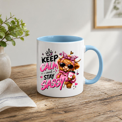 Highland Cow Mug "Keep Calm And Stay Sassy" 325ml Ceramic Coffee Tea Cup – Pink Leopard Bow, Hoodie, Coffee & Slogan Novelty Gift for Bestie, Women, Birthday – Fast Dispatch by UK Seller (M3503)