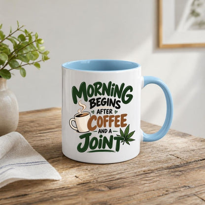 Funny Mug "Morning Begins After Coffee And A Joint" Cannabis Leaf Coffee Cup 350ml, Ceramic Novelty Stoner Humour Gift for Him Her, Funny Adult Joke Mug, Birthday Christmas Secret Santa Stocking Filler | Fast Dispatch by UK Seller (M1100)
