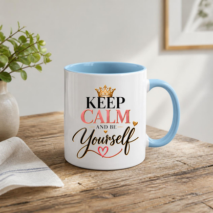 Motivational Mug "Keep Calm And Be Yourself" 325ml Ceramic Coffee Tea Cup – Gold Crown, Elegant Script & Heart Slogan Novelty Gift for Women, Friends, Birthday, Colleagues – Fast Dispatch by UK Seller (M3490)