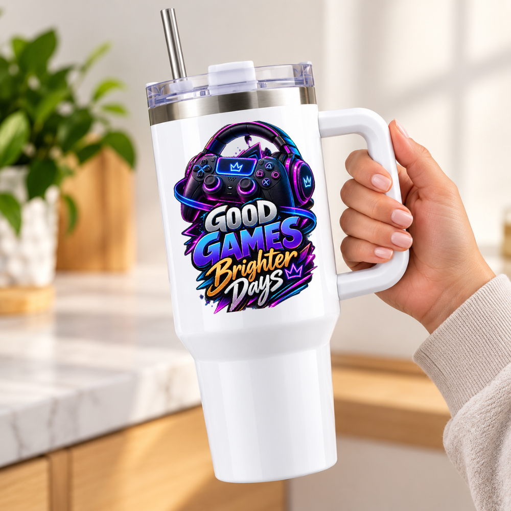 Neon Gaming Travel Tumbler "Good Games Brighter Days" Graphic 40oz Stainless Steel Insulated Travel Mug with Handle & Straw – Headset, Game Controller & Neon Swirl Novelty Gift for Gamers | Fast Dispatch by UK Seller (T3060)