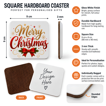 Festive Merry Christmas Hardboard Coaster Slogan Graphic 9cm x 9cm Square Drinks Coaster “Gold & Red Script Typography with Red Satin Bow a