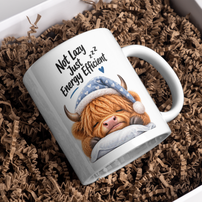 Funny Mug Sleeping Highland Cow "Not Lazy Just Energy Efficient" Ceramic Coffee Mug - Relatable Sarcastic Farm Animal Nightcap Tea Cup Gift | Available in Multicolours | Fast Dispatch by UK Seller (M1223)