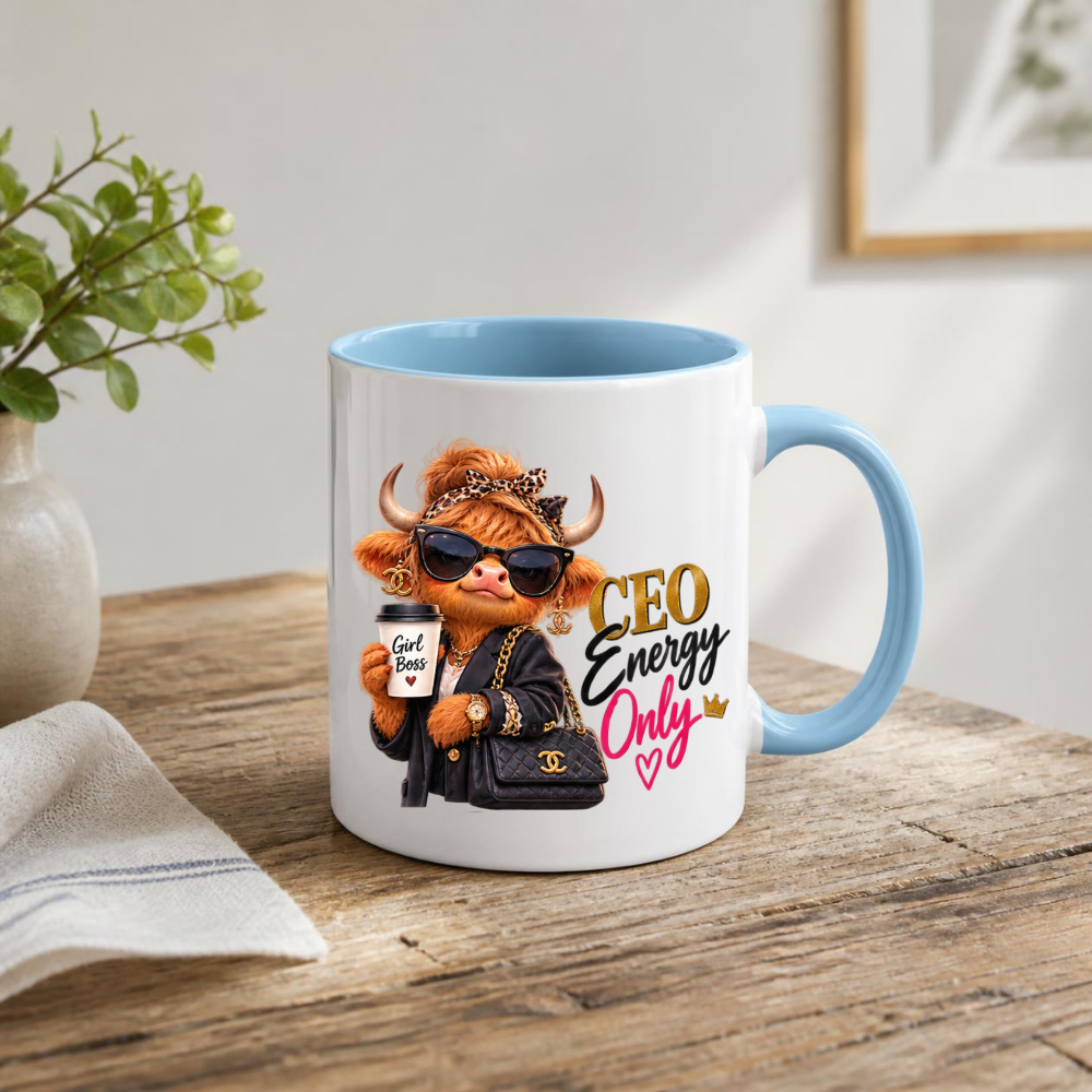 Boss Lady Mug "CEO Energy Only Highland Cow" CEO Energy Only Highland Cow 325ml Ceramic Coffee Mug – Glamorous Girl Boss Tea Cup with Sunglasses Leopard Headband Coffee Graphic Gift | Available in Multicolours | Fast Dispatch by UK Seller (M3194)