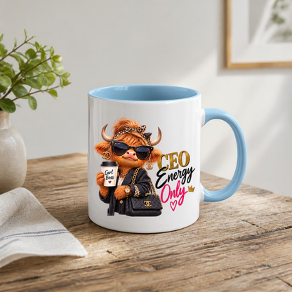 Boss Lady Mug "CEO Energy Only Highland Cow" CEO Energy Only Highland Cow 325ml Ceramic Coffee Mug – Glamorous Girl Boss Tea Cup with Sunglasses Leopard Headband Coffee Graphic Gift | Available in Multicolours | Fast Dispatch by UK Seller (M3194)