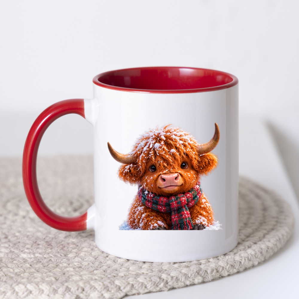 Winter Snow Highland Cow Coffee Mug - Fluffy Baby Animal in Plaid Scarf Ceramic Tea Cup for Christmas & Cozy Holiday Decor (M1215)