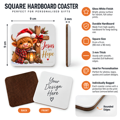 Festive Christian Christmas Coaster "Jesus Is My Hope Romans 15:13" Graphic Glossy Hardboard 9x9cm Drinks Mat – Highland Cow, Wooden Cross & Lantern Holiday Tableware Gift | Fast Dispatch by UK Seller (C3059)