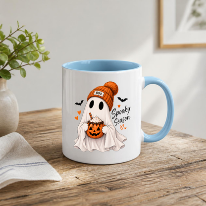 Halloween Mug "Ghost Spooky Season" Ghost Spooky Season 325ml Ceramic Coffee Mug – Cute Halloween Autumn Tea Cup with Sheet Ghost, "BOO" Orange Beanie Pumpkin Spice Coffee Mug Graphic Gift | Available in Multicolours | Fast Dispatch by UK Seller (M3222)
