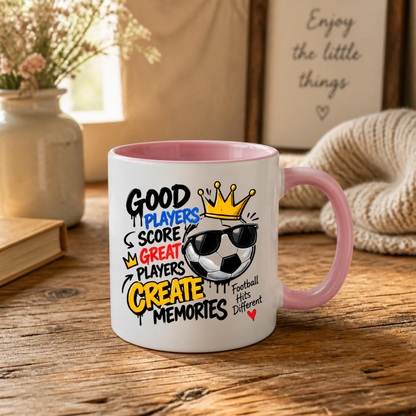 Football Mug "GOOD PLAYERS SCORE GREAT PLAYERS CREATE MEMORY" Cool Football 325ml Ceramic Coffee Mug – Sporty Football Tea Cup with Crown, Sunglasses & "Football Hits Different" Graphic Gift | Available in Multicolours | Fast Dispatch by UK Seller (M3092)