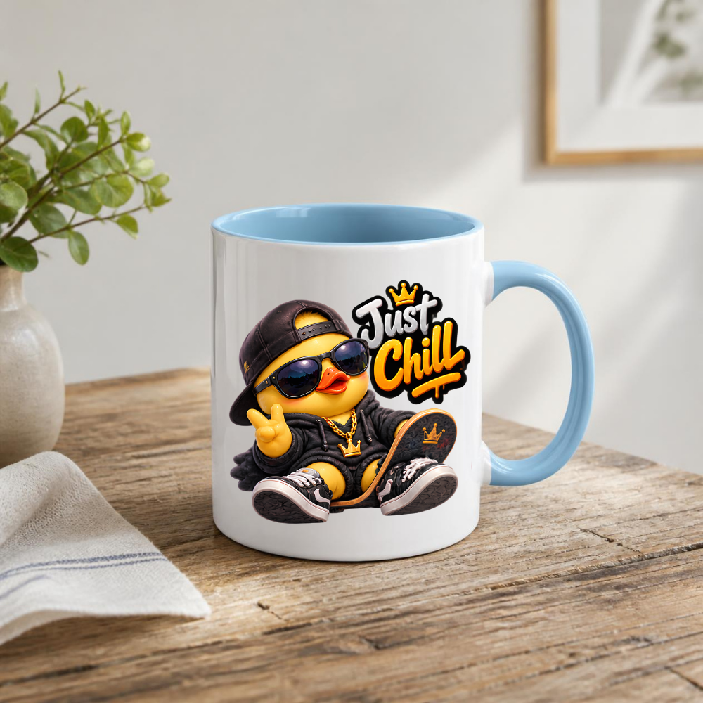 Skateboard Mug "Just Chill Cool Duck" Just Chill 325ml Ceramic Coffee Mug – Cool Skater Duck in Black Hoodie, Cap, Sunglasses & Gold Crown Chain With Skateboard Fun Gift For Skaters Friends | Available in Multicolours | Fast Dispatch by UK Seller (M3252)