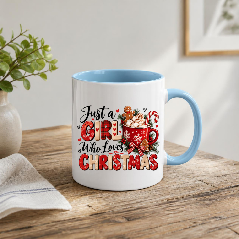 Christmas Mug "Just a Girl Who Loves Christmas" Festive Hot Chocolate Coffee Cup 350ml Ceramic, Cute Gingerbread Candy Cane Winter Gift for Her Mum Daughter Sister Girlfriend, Xmas Secret Santa Stocking Filler | Fast Dispatch by UK Seller (M1144)
