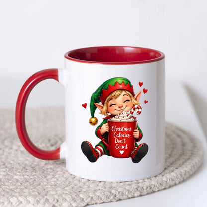 Cozy Mug "Christmas Calories Don't Count" Christmas Elf 325ml Ceramic Coffee Mug Funny Holiday Tea Cup with Whipped Cream & Candy Cane Gift | Available in Multicolours | Fast Dispatch by UK Seller (M1245)