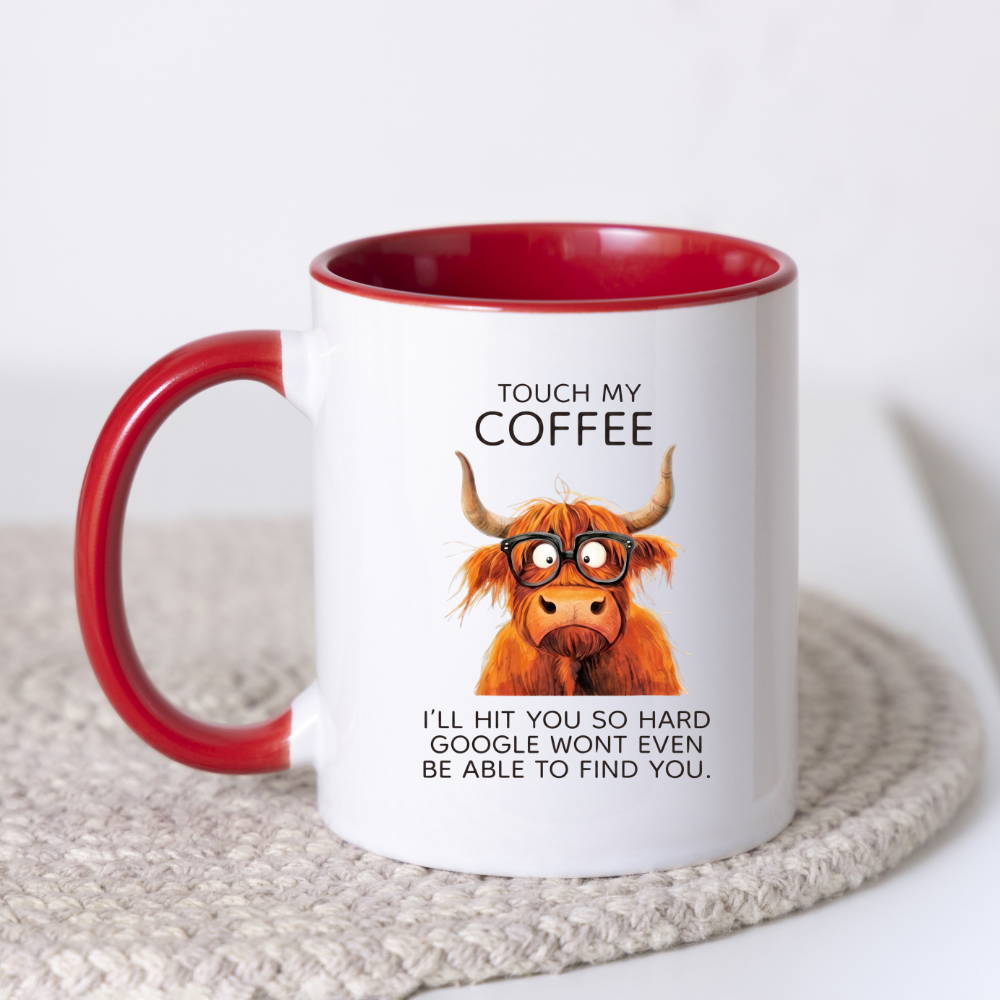 Funny Highland Cow "Touch My Coffee" Coffee Mug - Sarcastic Meme Animal Ceramic Tea Cup with Glasses & Funny Quote Gift (M1206)