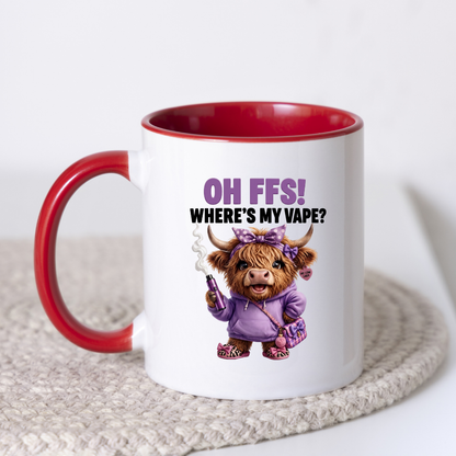 Funny Highland Cow "Where's My Vape" Coffee Mug - Sarcastic Meme Animal Ceramic Tea Cup for Vapers & Novelty Gift (M1205)