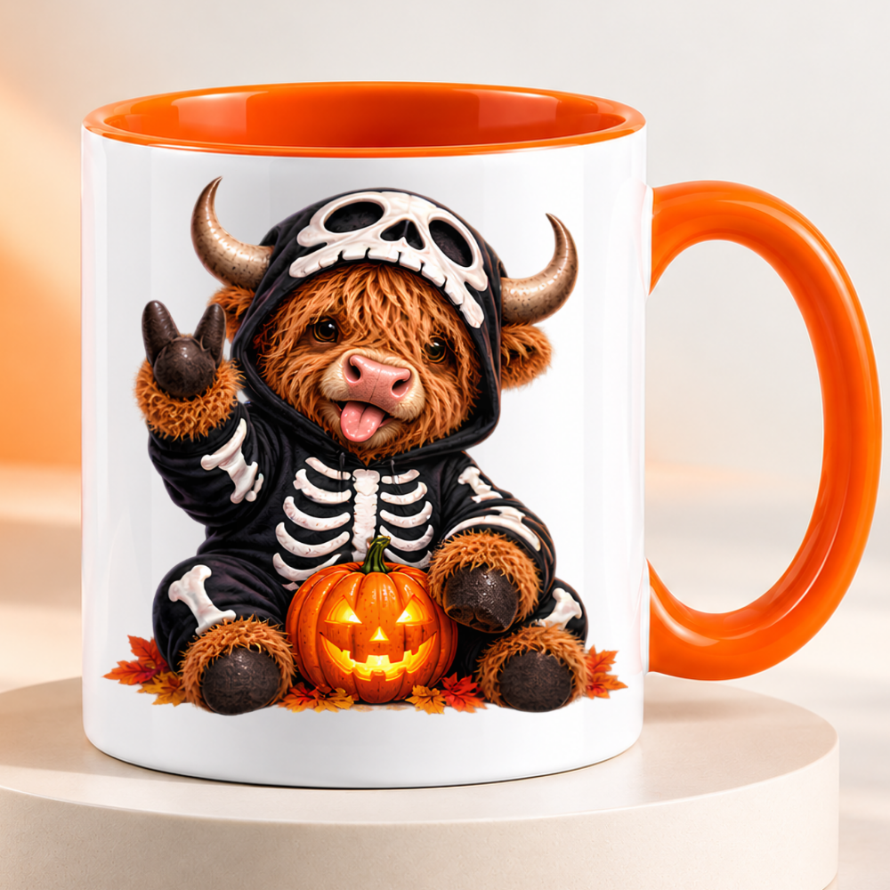 Halloween Mug "Skeleton Hoodie Highland Cow" Skeleton Hoodie Highland Cow 325ml Ceramic Coffee Mug – Halloween Autumn Tea Cup with Skeleton Onesie Skull Hood Glowing Pumpkin Graphic Gift | Available in Multicolours | Fast Dispatch by UK Seller (M3201)