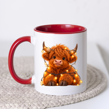 Fairy Lights Highland Cow Ceramic Coffee Mug - Glowing Warm Light Farm Animal Tea Cup for Cozy Winter Nights & Holiday Decor (M1221)