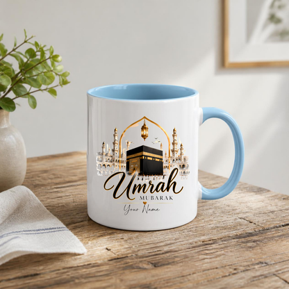 Personalised Umrah Mubarak Mug 325ml Ceramic Coffee Tea Cup – Custom Name, Golden Kaaba & Masjid Al-Haram Architecture Religious Pilgrimage Gift for Family, Friends, Hajj, Umrah Celebration – Fast Dispatch by UK Seller (M3484)