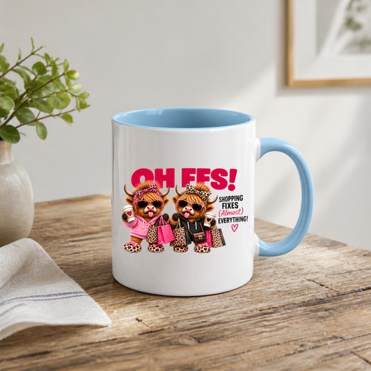 Shopping Highland Cows Mug "OH FFS! Shopping Fixes (Almost) Everything!" Oh Ffs! Shopping Fixes (Almost) Everything! 325ml Coffee Mug –Cute Highland Cows with Shopping Bags, Coffee Cups & Sunglasses | Funny Bestie Gift | Fast Dispatch by UK Seller (M3367)