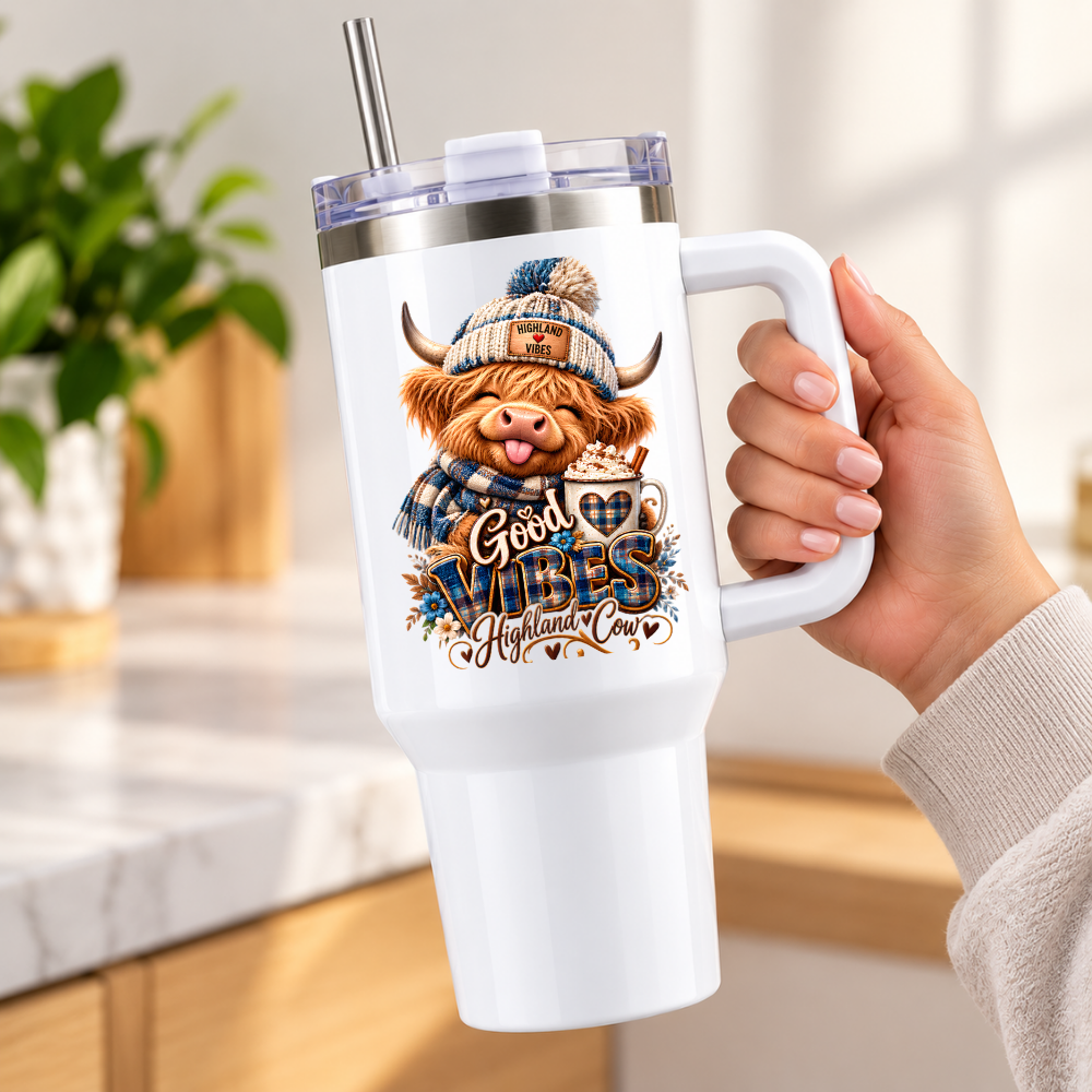 Cute Highland Cow Travel Tumbler "Good Vibes Highland Cow" Graphic 40oz Stainless Steel Insulated Travel Mug with Handle & Straw â€“ Winter Calf in Bobble Hat & Scarf with Hot Chocolate Novelty Travel Cup | Fast Dispatch by UK Seller (T3002)