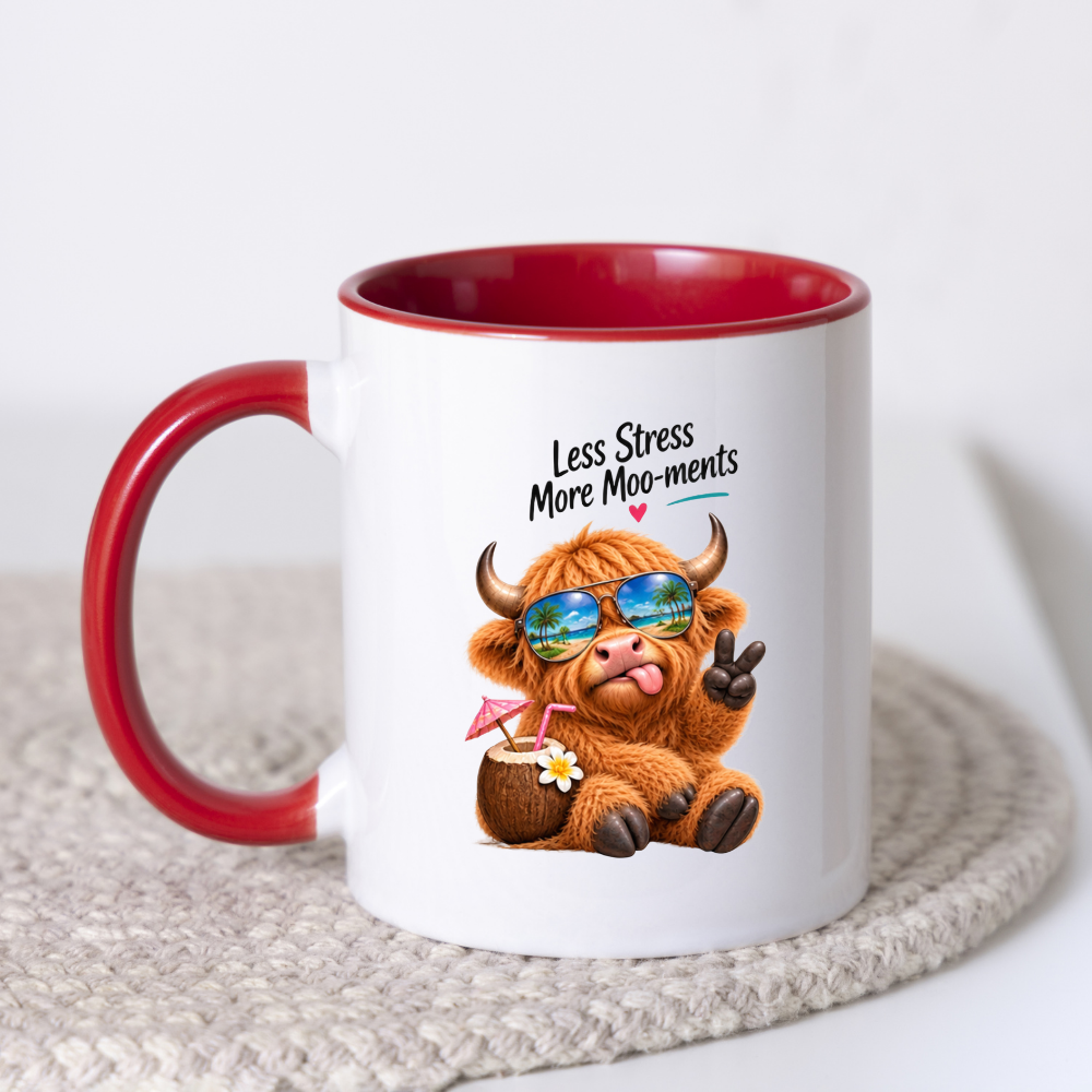 Novelty Mug Relaxing Tropical Highland Cow "Less Stress More Moo-ments" Ceramic Coffee Mug – Beach Vacation Farm Animal with Sunglasses & Coconut Drink Tea Cup Gift | Available in Multicolours | Fast Dispatch by UK Seller (M1226)