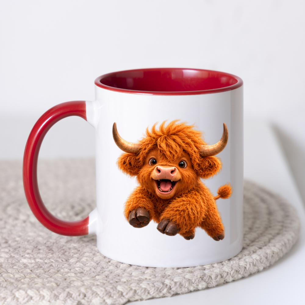 Joyful Jumping Baby Highland Cow Coffee Mug - Cute Playful Farm Animal Ceramic Tea Cup for Happy Morning & Animal Lover Gift (M1216)