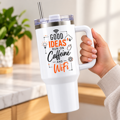 Funny Office Tech Travel Tumbler "GOOD IDEAS RUN ON Caffeine AND WiFi" Graphic 40oz Stainless Steel Insulated Travel Mug with Handle & Straw – Lightbulb, Cloud, Mouse & Gear Icons Novelty Gift for Coders & Office | Fast Dispatch by UK Seller (T3054)