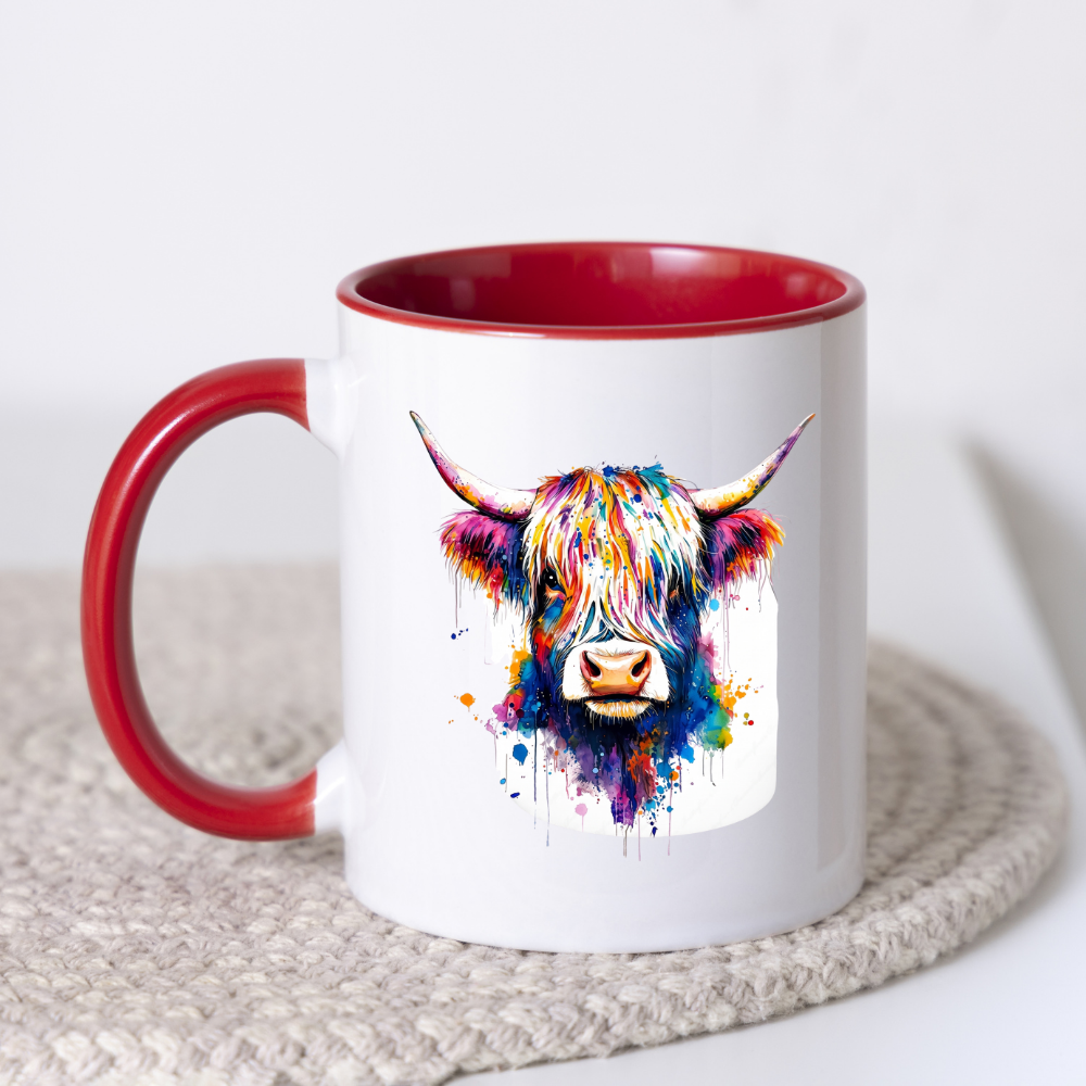 Colorful Watercolor Splash Highland Cow Ceramic Coffee Mug (M1209)