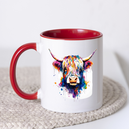 Colorful Watercolor Splash Highland Cow Ceramic Coffee Mug (M1209)