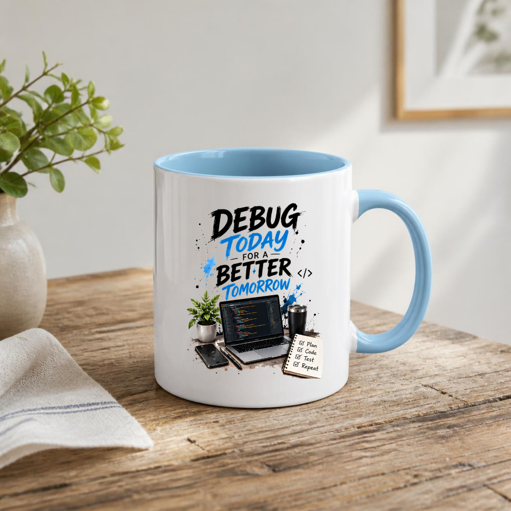 Tech Mug "Debug Today For A Better Tomorrow" Debug Today For A Better Tomorrow 325ml Ceramic Coffee Mug – Developer Desk Mug with Laptop Code, Smartphone & Plan Code Test Repeat Notepad | IT Gift | Fast Dispatch by UK Seller (M3331)