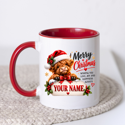 Personalised Christmas Mug "Merry Christmas" 325ml Ceramic Coffee Tea Cup – Santa Hat Highland Cow, Holly Berries, Custom Name & Festive Wish Slogan Novelty Gift for Bestie, Women, Holiday – Fast Dispatch by UK Seller (M3515)