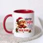 Personalised Christmas Mug "Merry Christmas" 325ml Ceramic Coffee Tea Cup – Santa Hat Highland Cow, Holly Berries, Custom Name & Festive Wish Slogan Novelty Gift for Bestie, Women, Holiday – Fast Dispatch by UK Seller (M3515)