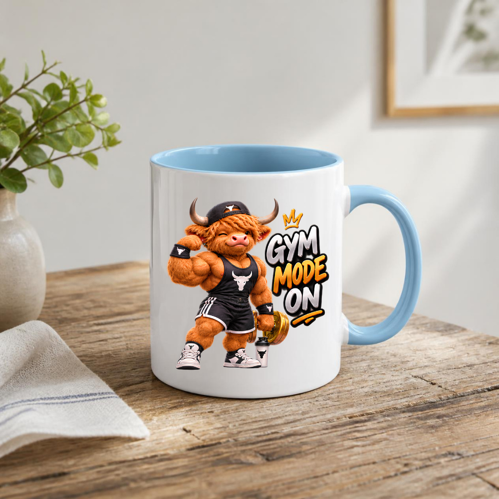 Gym Mug "Gym Mode ON Muscular Highland Cow" Gym Mode ON 325ml Ceramic Coffee Mug – Muscular Winking Highland Cow in Tank Top & Cap Flexing Bicep Holding Gold Dumbbell Shaker Gym Fitness Gift | Available in Multicolours | Fast Dispatch by UK Seller (M3271)