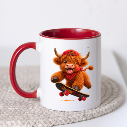 Skateboard Highland Cow Ceramic Coffee Mug - Cool Fluffy Farm Animal Baseball Cap & Bandana Tea Cup for Skaters & Animal Lovers (M1220)