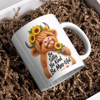 Uplifting Mug "Be Silly Be Kind Be Moo-tiful" Highland Cow Ceramic Coffee Mug - Cute Sunflower Farm Animal Tea Cup with Floral Crown Gift | Available in Multicolours | Fast Dispatch by UK Seller (M1224)