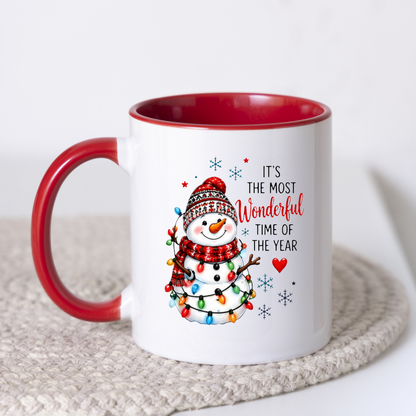 Festive Mug "Most Wonderful Time" Snowman Ceramic Coffee Mug – Cute Winter Holiday Tea Cup with Fairy Lights & Scarf Gift 350ml | Available in Multicolours | Fast Dispatch by UK Seller (M1234)
