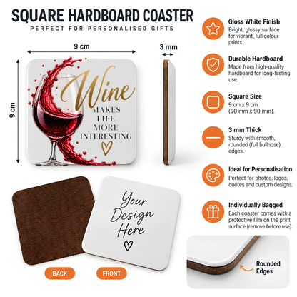 Sassy Wine Hardboard Coaster "Wine Makes Life More Interesting" Graphic 9cm x 9cm Square Drinks Coaster “ Red Wine Glass with Dynamic Liquid Splash Novelty Mat | Elegant Glossy Gift for Wine Lovers | Fast Dispatch by UK Seller (C3013)