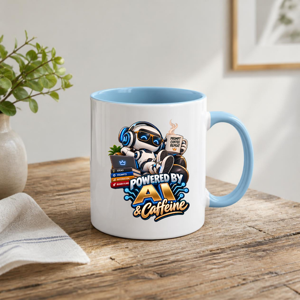 Tech Mug "Powered By AI & Caffeine" Powered By AI & Caffeine 325ml Ceramic Coffee Mug – Funny Robot Programmer Mug with Prompt Coffee Repeat & Tech Books | Gift for Techies | Fast Dispatch by UK Seller (M3323)