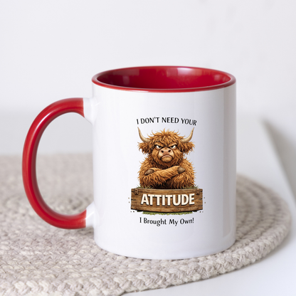 Funny Grumpy Highland Cow "I Don't Need Your Attitude" Coffee Mug - Sarcastic Farm Animal Ceramic Tea Cup with Crossed Arms & Wooden Sign Quote Gift (M1208)
