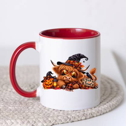 Cool Spooky Halloween Highland Cow Coffee Mug - "Trick or Treat" Jack-o'-Lantern & Witch Hat Ceramic Tea Cup for Fall Season Decor (M1213)