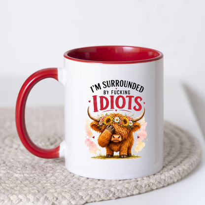 Funny Facepalm Highland Cow "I'm Surrounded by Fucking Idiots" Coffee Mug - Sarcastic Farm Animal Ceramic Tea Cup with Sunflower Crown & Relatable Meme Quote Gift (M1210)