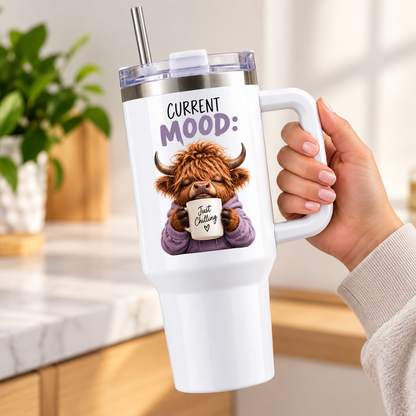 Cute Highland Cow Travel Tumbler "Current Mood: Just Chilling" Graphic 40oz Stainless Steel Insulated Travel Mug with Handle & Straw – Cozy Cow in Purple Hoodie with Coffee Mug Novelty Travel Cup | Fast Dispatch by UK Seller (T3027)