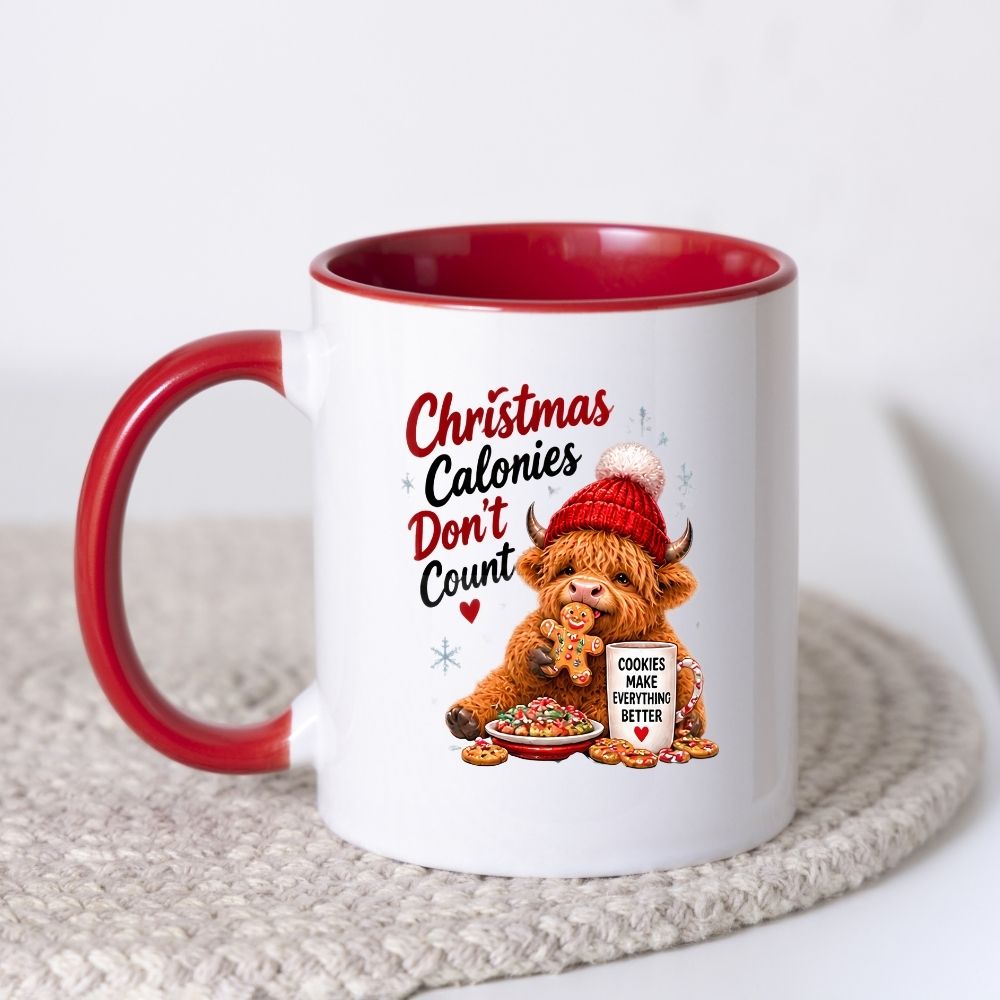 Festive Mug "Christmas Calories Don't Count" Highland Cow 325ml Ceramic Coffee Mug Cute Holiday Tea Cup with Gingerbread Man, Beanie & Cookies Gift | Available in Multicolours | Fast Dispatch by UK Seller (M1296)