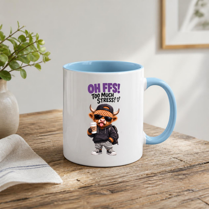 Highland Cow Stress Coffee Mug "OH FFS! Too Much Stress!" Oh Ffs! Too Much Stress! 325ml Ceramic Coffee Mug – Cute Highland Cow in Hoodie, Cap & Sunglasses with Coffee Cup | Funny Work Gift | Fast Dispatch by UK Seller (M3385)