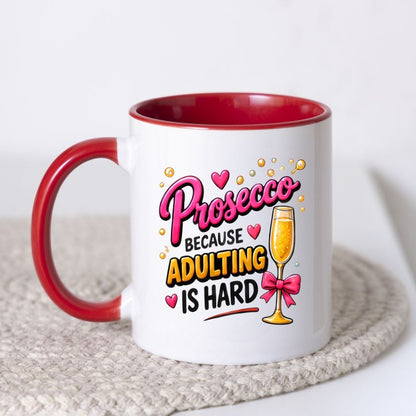 Humorous Mug "Prosecco Because Adulting Is Hard" 325ml Ceramic Coffee Mug Funny Wine Lover Tea Cup with Champagne Flute, Pink Bow & Bubbles Gift | Available in Multicolours | Fast Dispatch by UK Seller (M1303)
