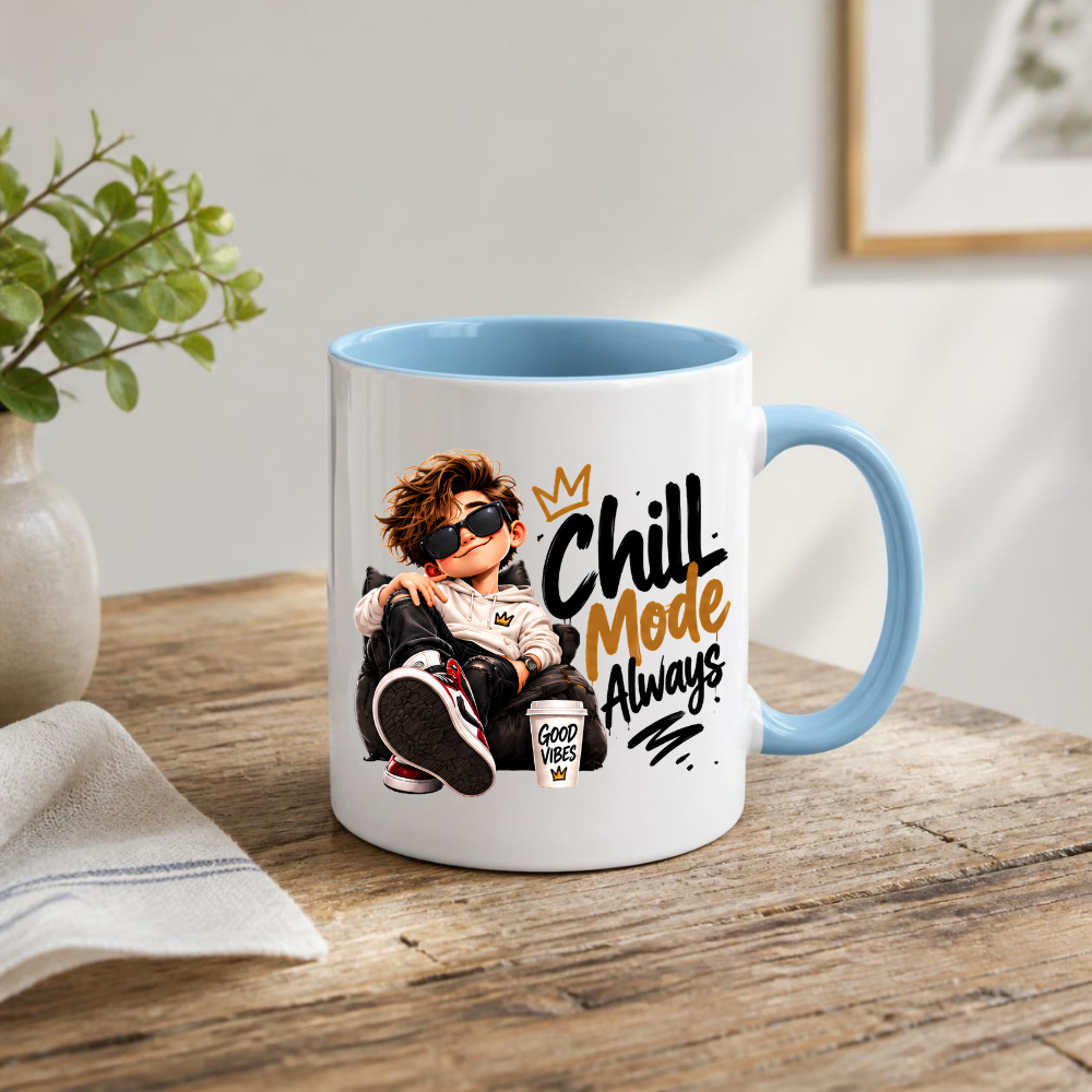 Chill Mug "Chill Mode Always" 325ml Ceramic Coffee Tea Cup – Cool Boy Graphic, Sunglasses, Hoodie & Good Vibes Slogan Novelty Gift for Bestie, Teens, Birthday – Fast Dispatch by UK Seller (M3497)