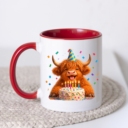 Festive Mug Birthday Highland Cow Ceramic Coffee Mug – Cute Celebration Farm Animal Party Hat & Cake Tea Cup Gift 350ml | Available in Multicolours | Fast Dispatch by UK Seller (M1229)