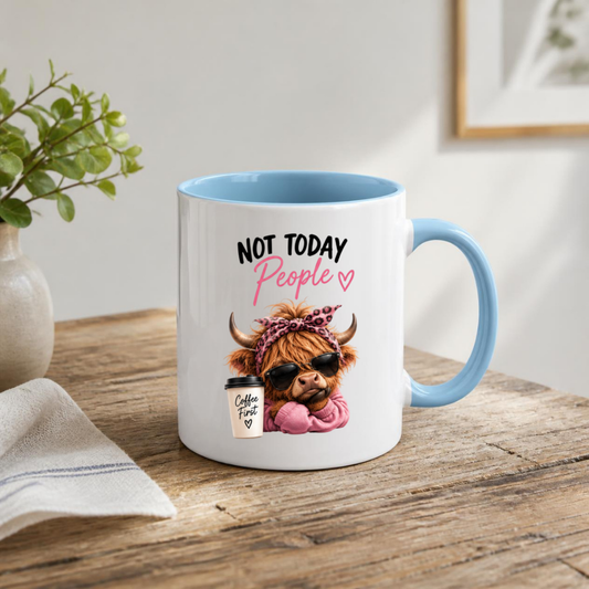 Sassy Highland Cow Mug "Not Today People, Coffee First" Graphic 325ml Ceramic Coffee Cup – Highland Cow in Sunglasses, Pink Hoodie & Leopard Bandana Novelty Tea Cup | Sarcastic Gift for Her | Available in Multicolours | Fast Dispatch by UK Seller (M3134)
