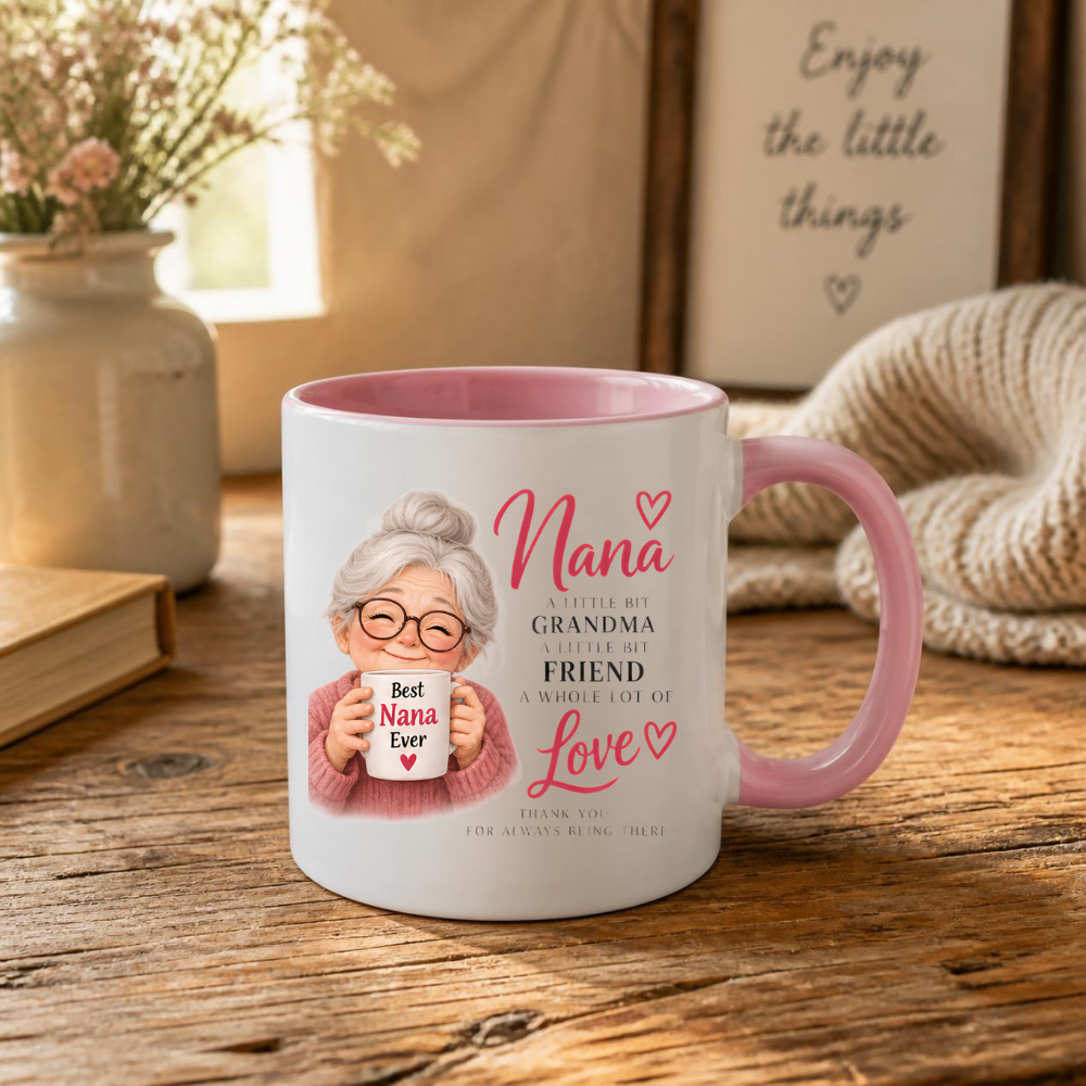 Family Mug "Nana A LITTLE BIT GRANDMA A LITTLE BIT FRIEND A WHOLE LOT OF Love" Sweet Grandma 325ml Ceramic Coffee Mug – Heartwarming Nana Tea Cup with Smiling Grandma & Mini Mug Graphic Gift | Available in Multicolours | Fast Dispatch by UK Seller (M3012)