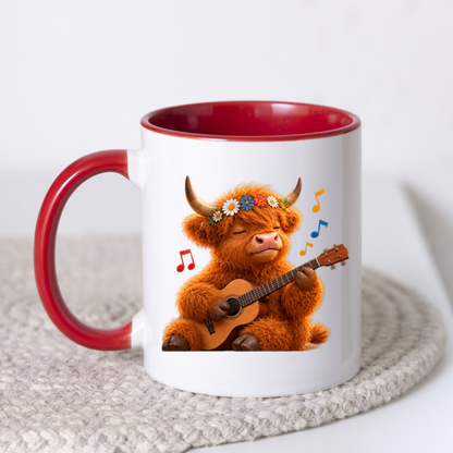 Highland Cow Playing Guitar Ceramic Coffee Mug - Cute Fluffy Farm Animal Flower Crown Tea Cup for Musicians & Music Lovers (M1219)