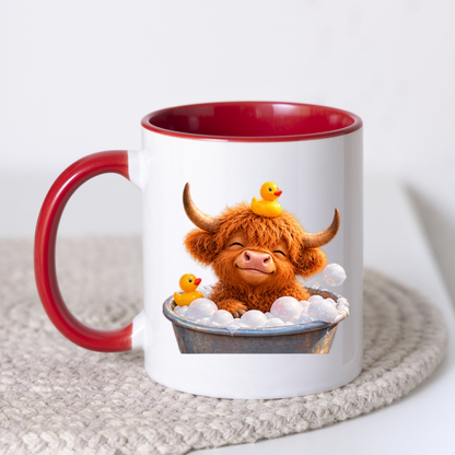 Cute Baby Highland Cow in Bubble Bath Coffee Mug - Rubber Duck Farm Animal Ceramic Tea Cup for Relaxation & Bath Time Gift (M1218)